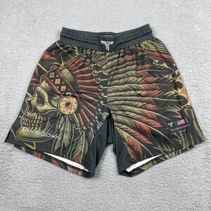 Takedown Wrestling Shorts Mens Medium Black Graphic Skull Headdress MMA Combat